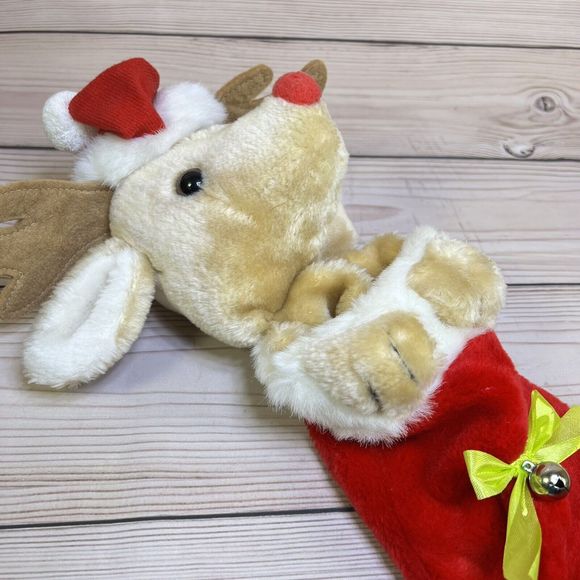 VTG Christmas Stocking 19” Rudolph Red-Nosed Reindeer Head Plush Santa Hat Bell - Picture 6 of 12